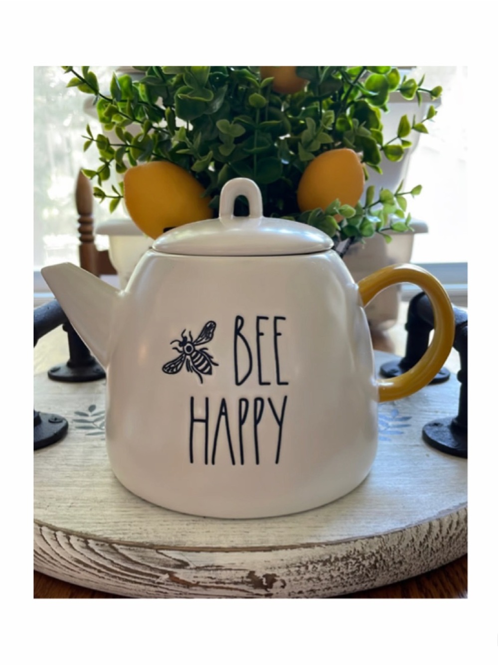 NEW Rae Dunn BEE HAPPY Teapot Yellow Handled Ceramic 🐝